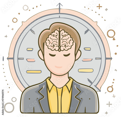 Conceptual Illustration of Time Management with Brain and Clock for Productivity