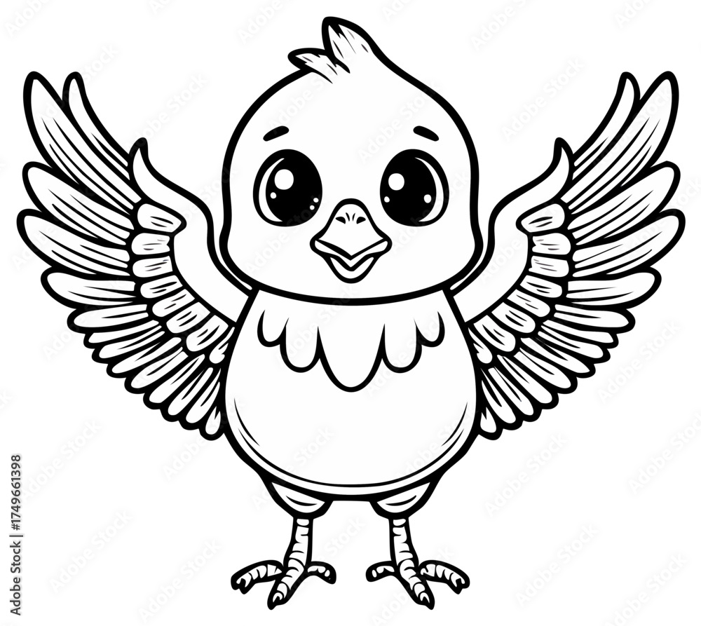 Obraz premium Cute Little Chick with Wings Outstretched Line Art Cartoon Style