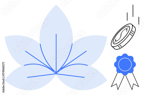 Minimalist flower petals with growth lines, blue award ribbon, and falling coin. Ideal for success, achievement, growth, reward, value, recognition financial success simple flat metaphor