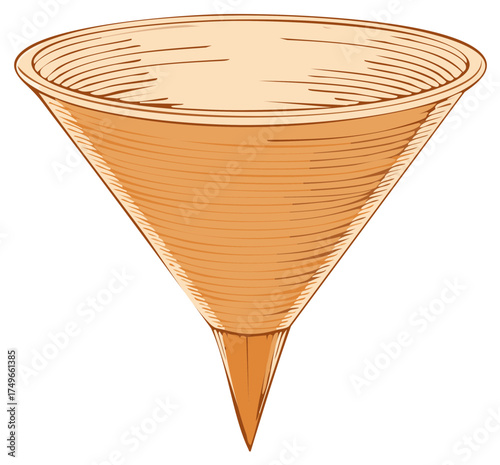Illustration of a conical funnel for liquids, powders, granular materials with engravings, hatchings and line art