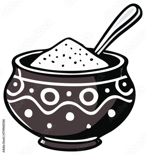 Sugar bowl with spoon full of sugar in cute, decorated ceramic bowl, isolated object
