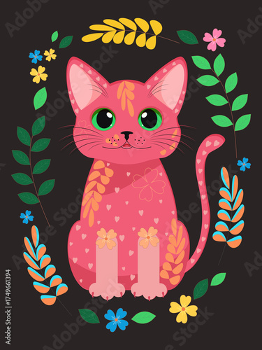 A cute pink cat on a black background framed with flowers, twigs, and leaves. 