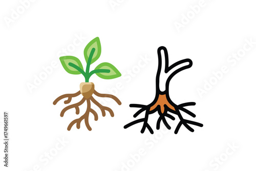 Illustration depicting growing plant with visible roots and a withered branch