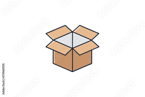 A simple illustration depicting an open cardboard box with gray interior