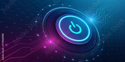 Futuristic glowing power button with digital circuit lines and particles