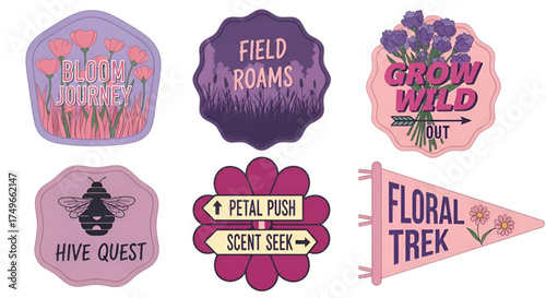 Nature adventure badges with floral shape, set of nature inspired badges featuring flowers, bees, and outdoor adventures in fun design