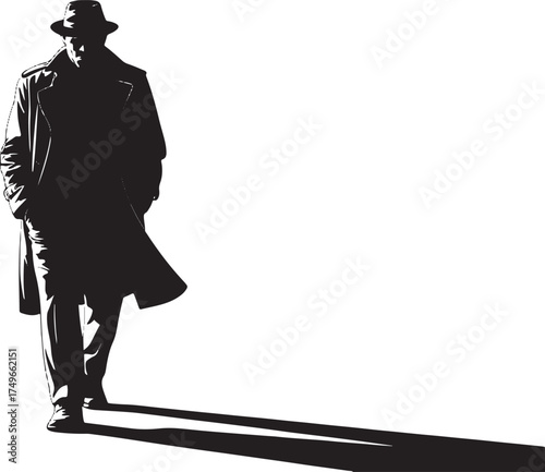 Man in trench coat and fedora casting long shadow silhouette