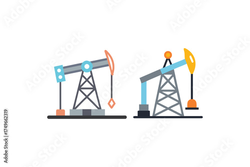 Illustration of two oil pumps or derricks in a simple flat design