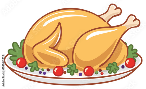 Festive Roasted Turkey Dinner Cartoon Illustration on Platter