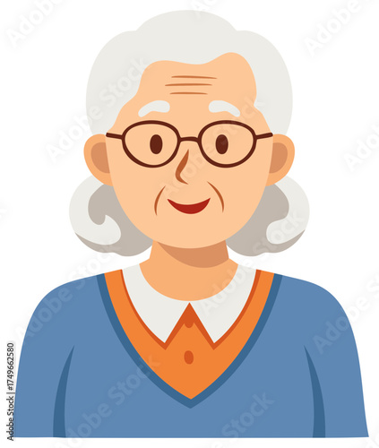 Charming Elderly Woman with Gray Hair and Glasses Smiling Warmly Portrait Illustration