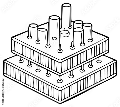 Abstract stacked geometric platforms with various protruding pins line art drawing