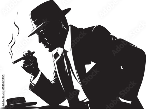 Silhouette man in fedora smoking cigar with smoke rising