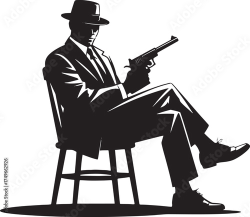 Silhouette man in fedora suit holding handgun seated on chair
