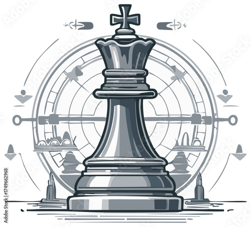 King chess piece in strategic leadership concept with game elements and abstract clock design