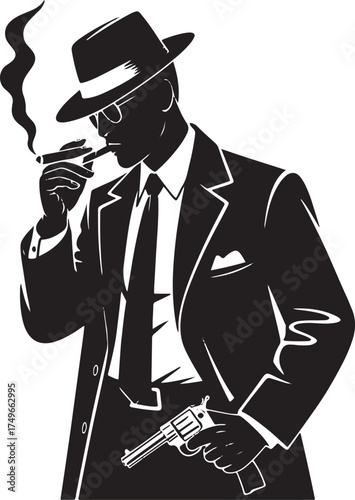 Silhouette man in fedora smoking cigar holding revolver