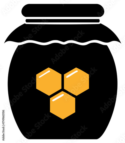 Sealed jar of sweet honey with honeycomb decoration, natural beekeeping product in minimalistic style, honey logo