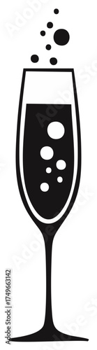 Simple black silhouette icon of a champagne flute with bubbles for celebration toast