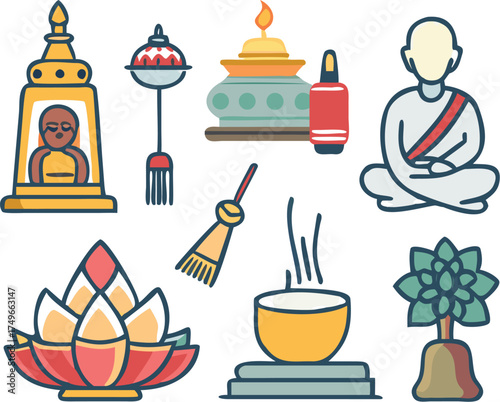Buddhist symbols vector illustration meditation monk lotus and offerings eps silhouette