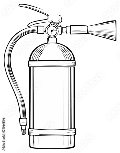 Black and white illustration of a fire extinguisher with hose and nozzle, safety equipment