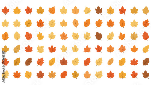 Vector design of A plethora of Autumn leaves are depicted in a series of little icons, each with a flat design style, featuring warm colors such as orange, yellow, and red, 
