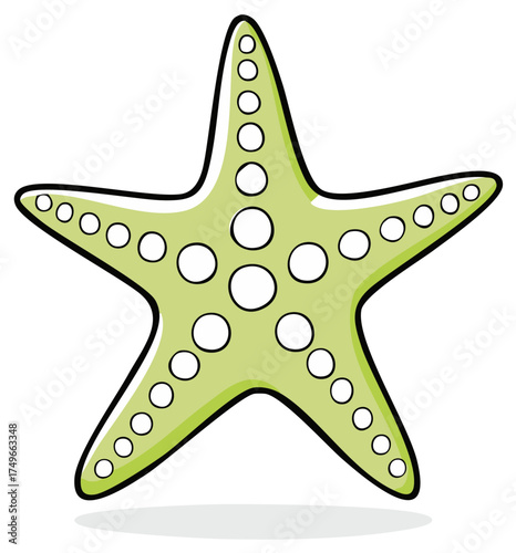 Colorful cartoon starfish illustration in a vibrant green hue with circular patterns perfect for marine and summer designs