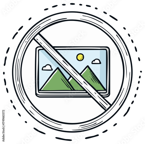 No image available icon in a hand drawn doodle style with a prohibition sign over a picture