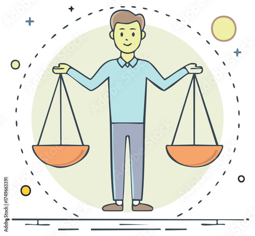 Man holding a balance scale cartoon illustration concept of justice and equality