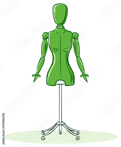 Illustrated green female dress form mannequin with articulated arms on a vintage stand