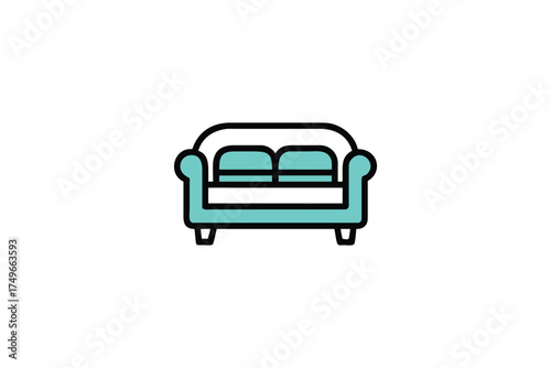 Simple turquoise sofa icon with black outline in a flat design style
