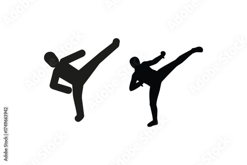 Two black silhouettes demonstrating a dynamic martial arts kicking pose