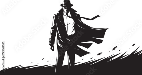 Silhouette of a man in a trench coat and fedora vector