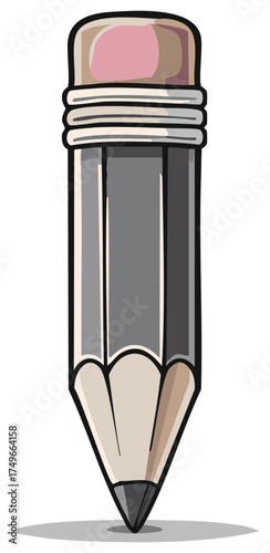 Cartoon pencil illustration with eraser and lead in shades of gray.
