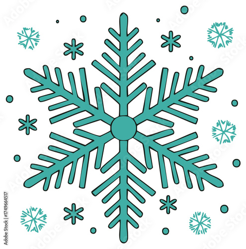 Simple Teal Snowflake Drawing with Small Snowflakes and Dots Winter Holiday Decorative Art