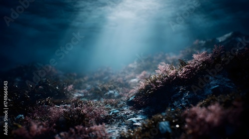 Wallpaper Mural Sunlight penetrates deep blue ocean waters illuminating a seabed with marine flora and scattered debris hinting at ecological crisis Torontodigital.ca