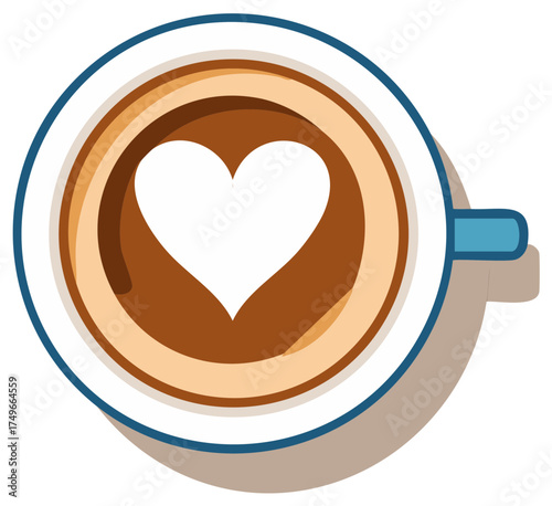 Top view of coffee cup with heart shape latte art and blue handle isolated on white