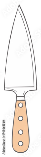 Hand-drawn kitchen knife with pointed blade and light brown wooden handle illustration