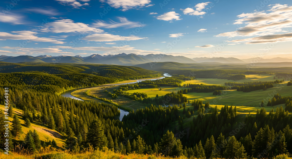 Naklejka premium Curving River Through a Vast Mountain Forest Valley