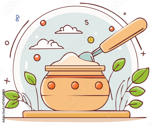 Cartoon illustration of a bowl of cream with a spoon and surrounding elements