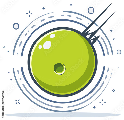 Stylized green planet or comet with a crater flying through the cosmos vector illustration.