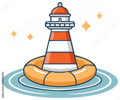 Cartoon lighthouse in a life preserver floating on stylized water with sparkles
