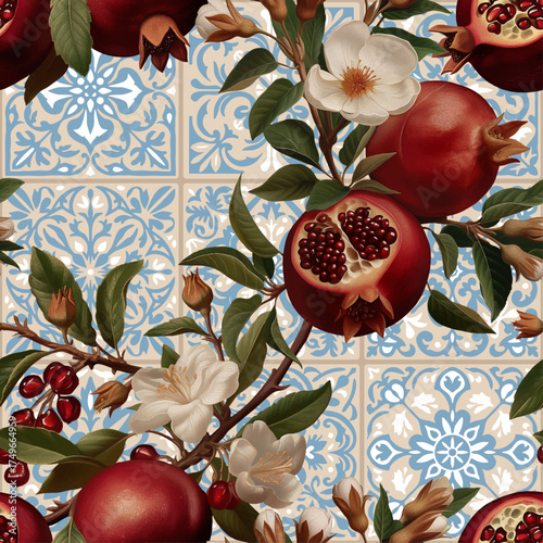 Seamless vector pattern with pomegranates isolated on a Mediterranean tile background. Vintage painting style illustration.