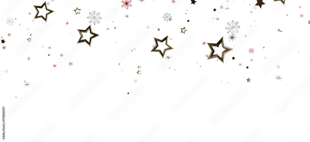 Obraz premium Elegant and festive background with gold stars and snowflakes on a clean white backdrop. Perfect for holiday designs, Christmas, and winter them