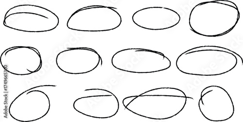 Hand drawn crayon ovals and circles. Ellipses pencil doodle style set. Red round rough thin frames. Round freehand shapes, emphasis highlights. Vector elements for hand drawn diagrams