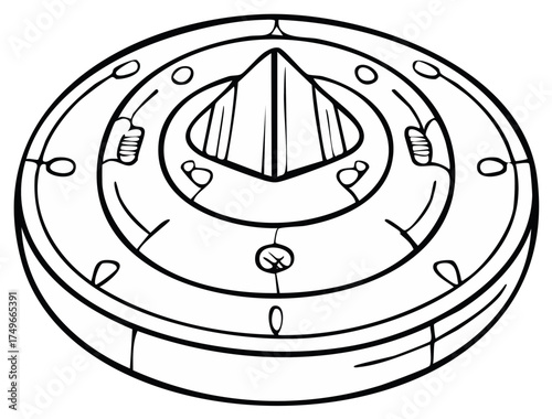 Black and white line art illustration of a futuristic UFO or spaceship