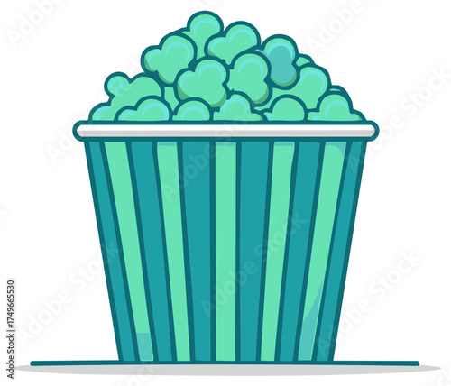 Mint green popcorn overflowing from a striped teal bucket for movie night snack