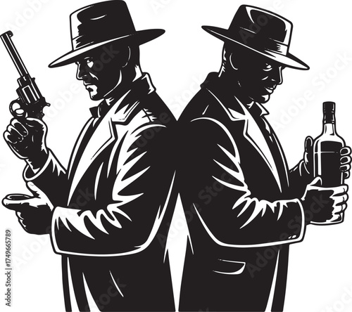 Two men in fedoras one holding a gun the other a bottle 1