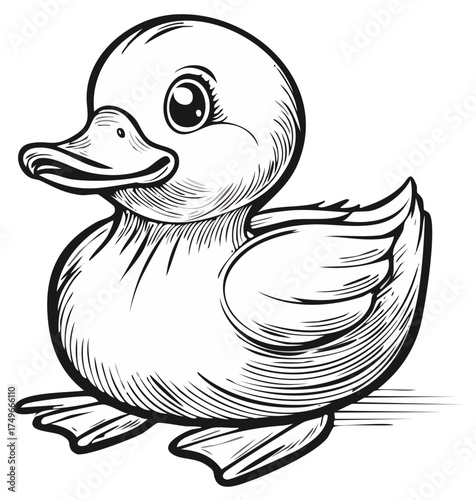Whimsical Illustration of a Cute Rubber Duckling Black and White Engraving Style