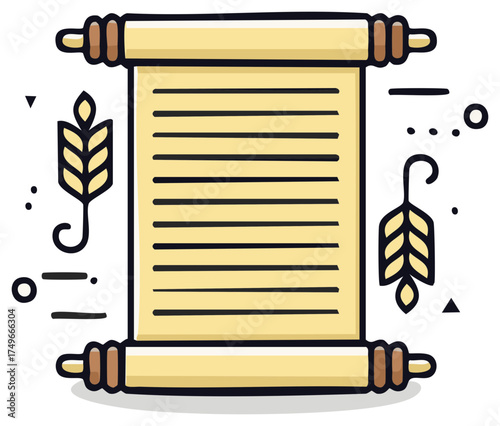 Ancient parchment scroll with wheat stalks depicts document of history or important traditional message