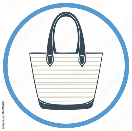 Striped beach tote bag icon with dark blue handles and border inside a blue circle