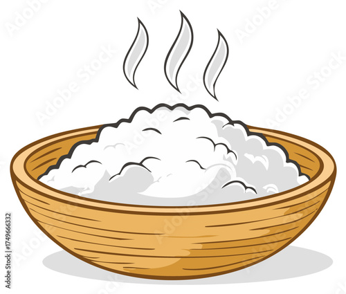 Steaming white rice in a wooden bowl illustration